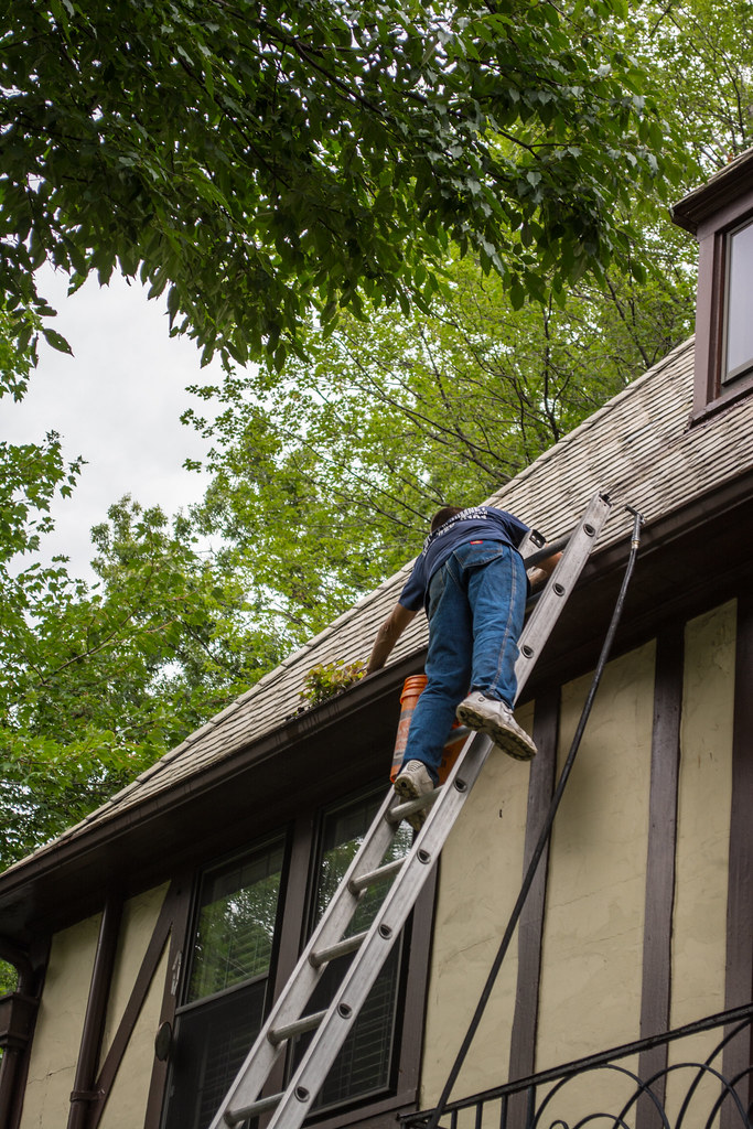 Tradesperson on a ladder hand-clearing leaves from a house gutter into a bucket — gutter cleaning and clearing